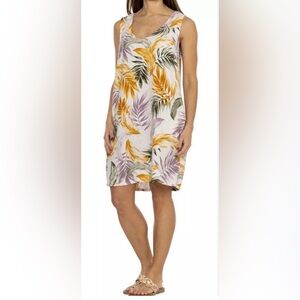 Orvis Tropical Leaf Print Sleeveless Dress size L , V , pockets, linen blend